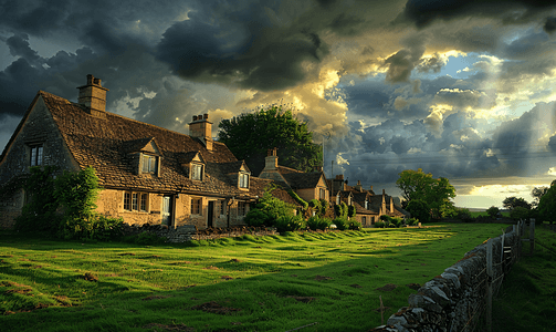 牛津房屋柳树小屋在多云的天空