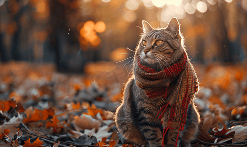 秋季森林里戴围巾的猫
