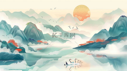 背景流水背景图片_高山流水红日合成创意素材背景