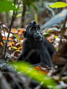 公园里的树木摄影照片_森林里的黑冠猕猴