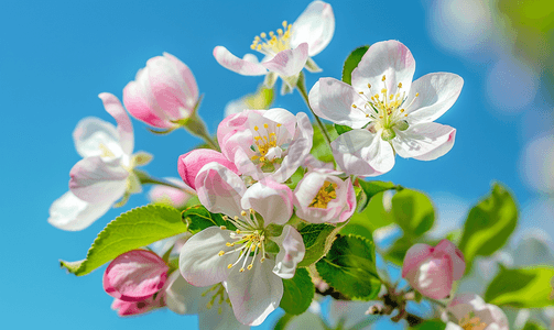 精致粉色摄影照片_粉色苹果树开花蓝天背景上开着白花