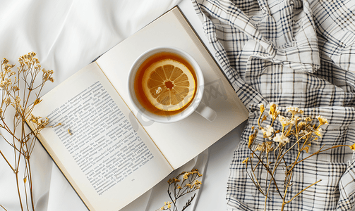 柠檬茶封面摄影照片_白色空白书籍配灰色格子杯柠檬茶和干花模型设计