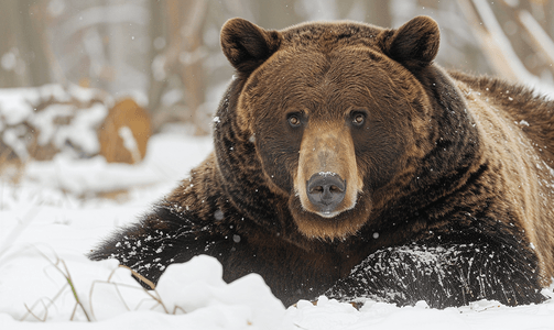 一只黑熊棕灰熊的肖像在雪地里看着你