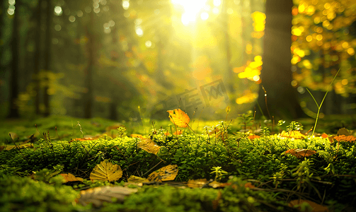 长摄影照片_秋季针叶林森林地面上长满苔藓秋日阳光温暖