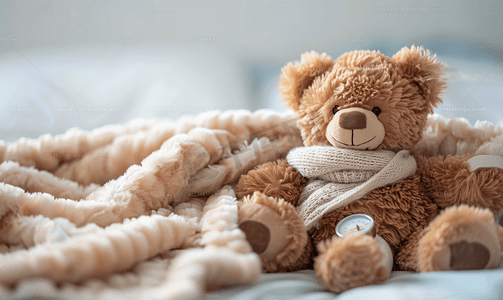 时间治愈摄影照片_棕色泰迪熊在带温度计躺床上的围巾