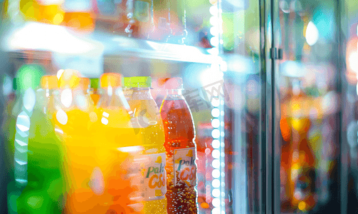 货架上有软饮料瓶的超市冰箱抽象模糊背景