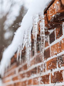 冬天屋摄影照片_砖墙房屋屋顶上的冰柱