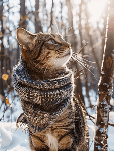 雪林里戴围巾的猫