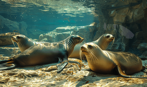 海豹家庭加利福尼亚海狮在水下放松