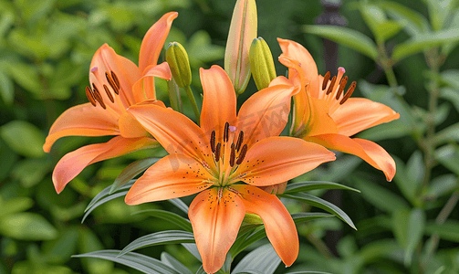 橙色百合鲜花在户外特写