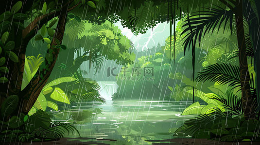 环球旅行背景背景图片_森林树木下雨合成创意素材背景