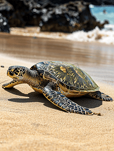 夏威夷沙滩上的绿海龟