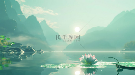 三座高山背景图片_高山荷花湖面合成创意素材背景