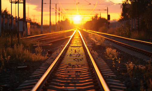 重阳夕阳摄影照片_夕阳下的铁轨日落时的火车轨道