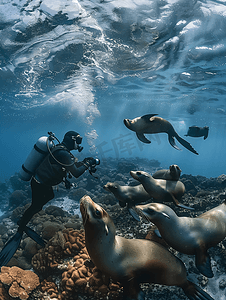 摄影师潜水员在水下接近海狮家族