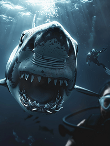 一名水肺潜水员一只灰鲨的下巴准备攻击一名摄影师水肺潜水员