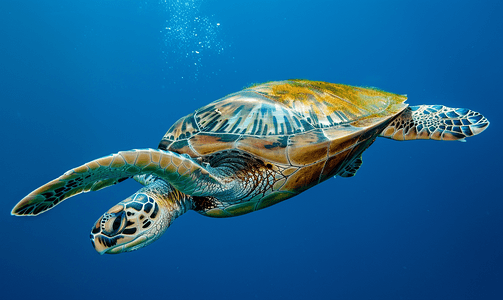 绿海龟肖像在深蓝色的海洋礁石中游泳