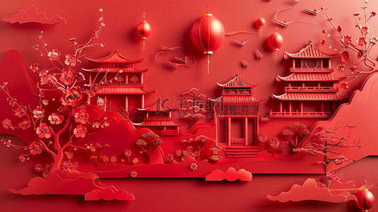红色宫殿松柏合成创意素材背景