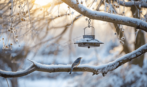 冬季城市公园树枝上的喂鸟器
