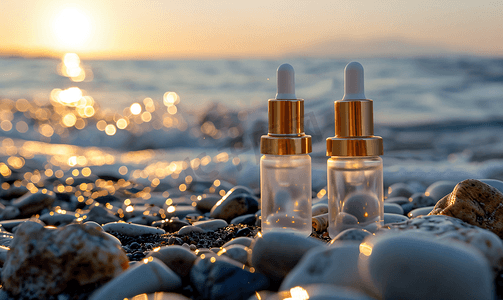 大海纹样摄影照片_化妆品滴管瓶立在海边的石头上背景是大海