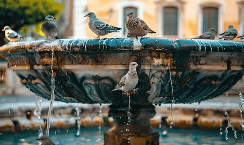 意大利雕塑摄影照片_鸟儿栖息在海王星雕像喷泉上背景为古建筑