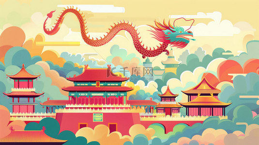 旗袍卡通女孩背景图片_卡通中国龙塔楼合成创意素材背景