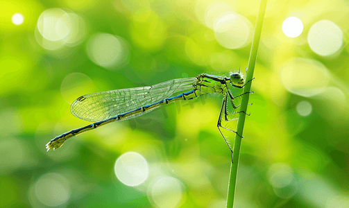 草蜻蜓摄影照片_蜻蜓爬上植物茎