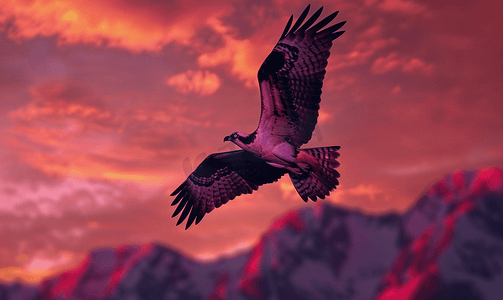 日落山粉色天空背景中的风筝鹰鱼鹰