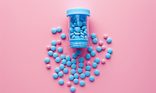 粉红色背景顶视图上从瓶子中散落蓝色药丸