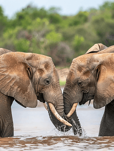 克鲁鲁摄影照片_南非克鲁格公园泳池边喝酒的大象打架