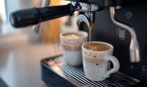 咖啡摄影照片_浓缩咖啡机分配两个杯子