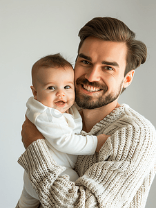 男女拥抱图摄影照片_怀里抱着婴儿的快乐父亲