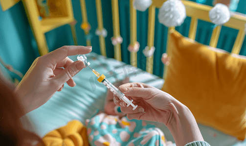 母亲在儿童床旁边用药品填充注射器的闭合照片