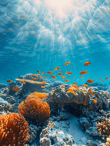 红色珊瑚摄影照片_马尔代夫珊瑚和鱼类水下全景