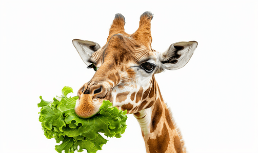 颈部拉伸摄影照片_孤立的长颈鹿在吃饭时特写肖像