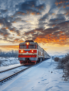微景观瓶摄影照片_多云天空背景下铁路列车的冬季景观