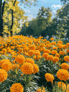 露天的摄影照片_露天花坛里有大量美丽绽放的黄色万寿菊