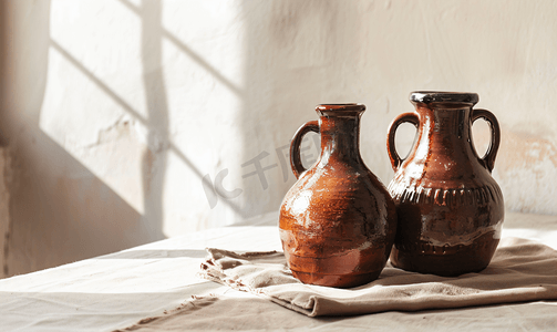 红酒……摄影照片_乡村陶瓷壶与当地红酒