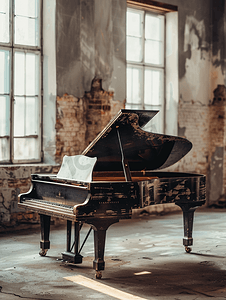 有钢琴的背景摄影照片_老式房间里的三角钢琴或普通钢琴墙壁未上漆有污垢和潮湿