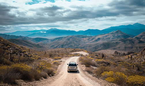 汽车在下加利福尼亚州景观全景沙漠公路