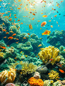 红色珊瑚摄影照片_五彩斑斓的礁石水下景观鱼类和珊瑚