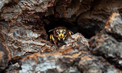 蜜蜂刺摄影照片_藏在树皮里的大黄蜂
