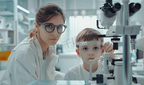 成人视力摄影照片_验光师检查小女孩的视力 — 眼科医生室里的母子