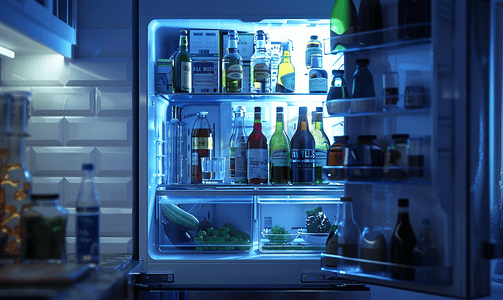 晚上打开冰箱里面有各种瓶子