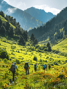 背着背包和登山杖的徒步旅行者在阿尔特温高地行走