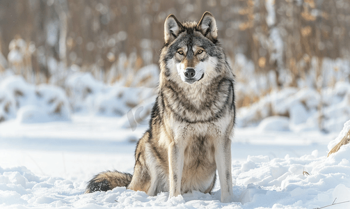 一只灰太狼在雪中孤立地看着你