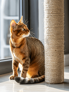 家纺首页促销摄影照片_一只阿比西尼亚猫坐在地板上看着猫抓柱