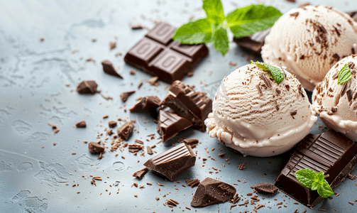 野果冰淇淋摄影照片_巧克力薄荷叶冰淇淋