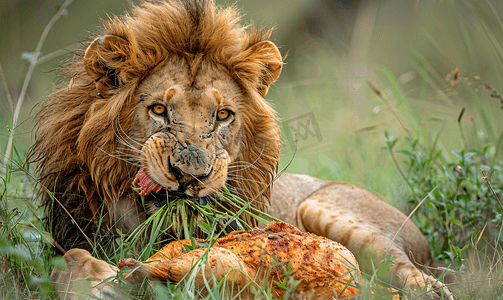 地产狮子摄影照片_饥饿的狮子吞食鸡