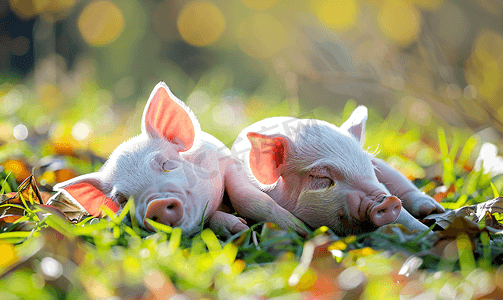 粉红色的猪在农场外面睡觉
